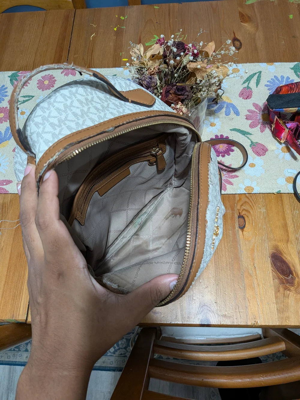 Michael Kors Cream Logo Mini Backpack with Tan Leather Trim